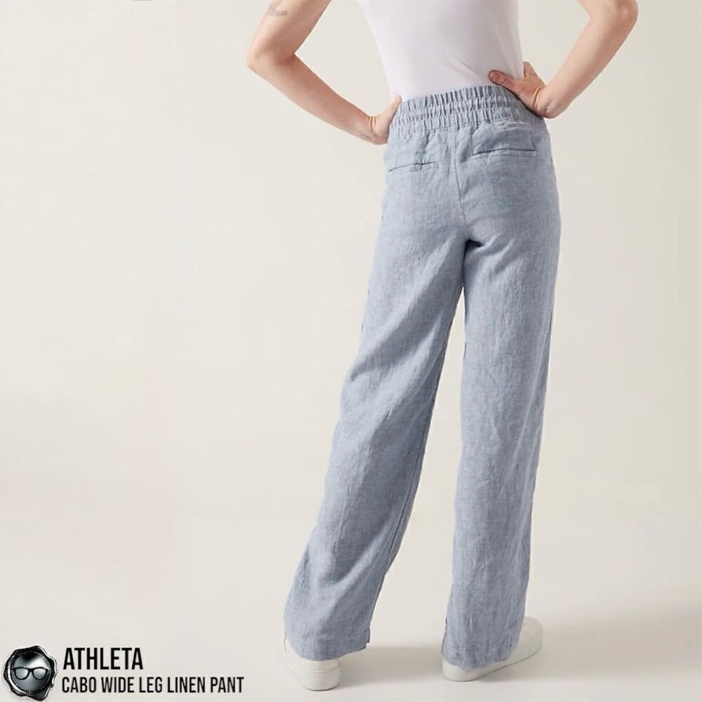 ATHLETA CABO LINEN WIDE LEG PANTS IN CHAMBRAY BLUE WOMEN 12/LARGE TRAVEL CASUAL - Picture 7 of 13